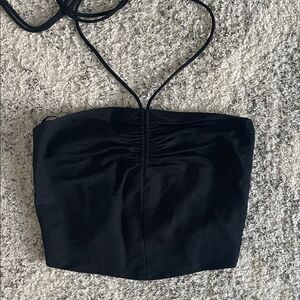 Zara Cropped Halter Black Linen Top Size Small